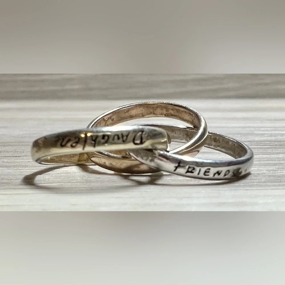 Sterling Silver 3 Ring Tri-Color “Mother, Daughter, Friend” Pendant & Necklace